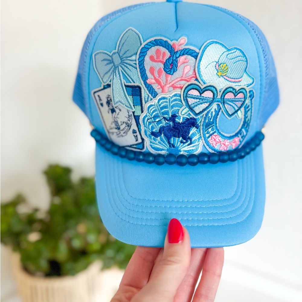 Blue Beach Patch Trucker Hat with Beaded Detail